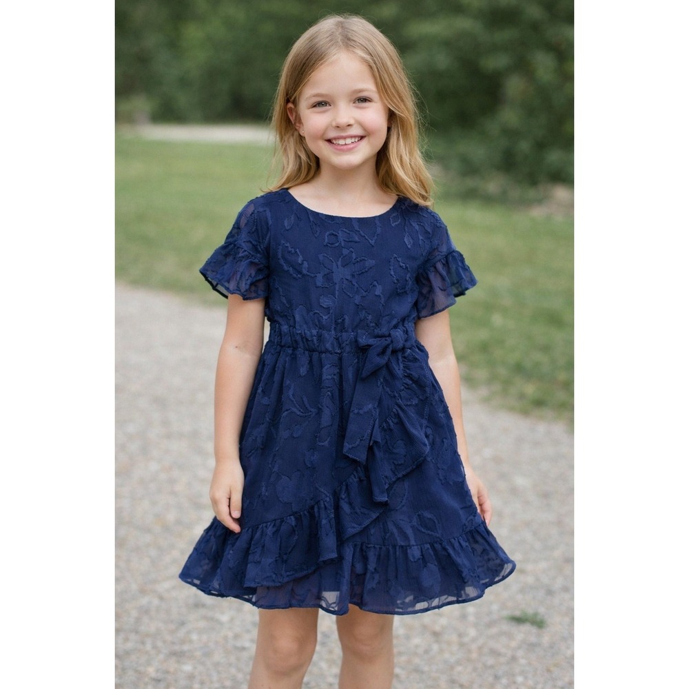 Lilly Pulitzer Dress Kids 4 Navy Blue Excellent Ruffle Floral Jacquard Faux Wrap
